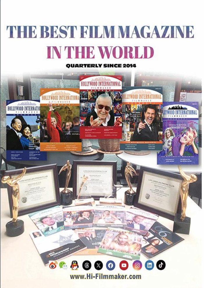 Magazine promotional image: Hollywood International Filmmaker covers displayed with industry awards