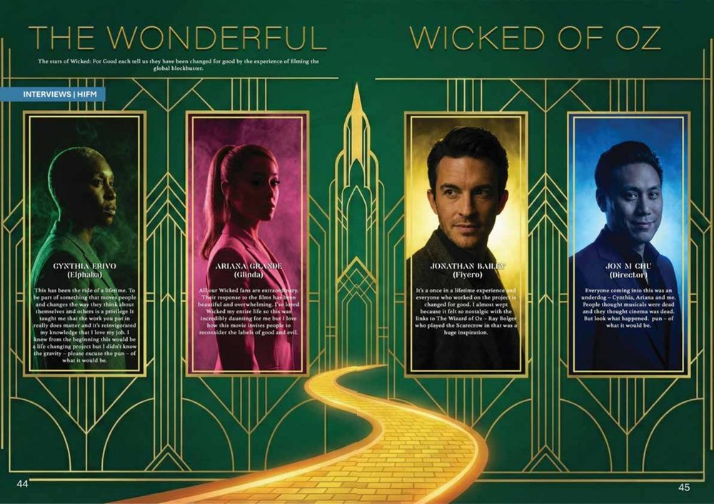 The cast of Wicked: For Good in front of an art-deco Emerald City