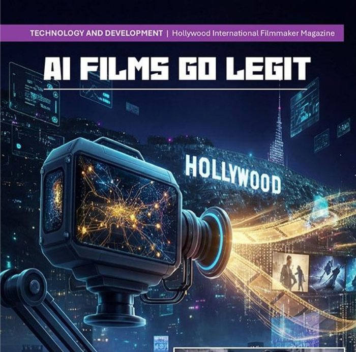 AI Films Go Legit title graphic with a camera and Hollywood sign