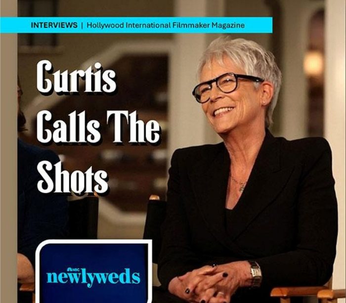 Jamie Lee Curtis seated, with the Newlyweds logo