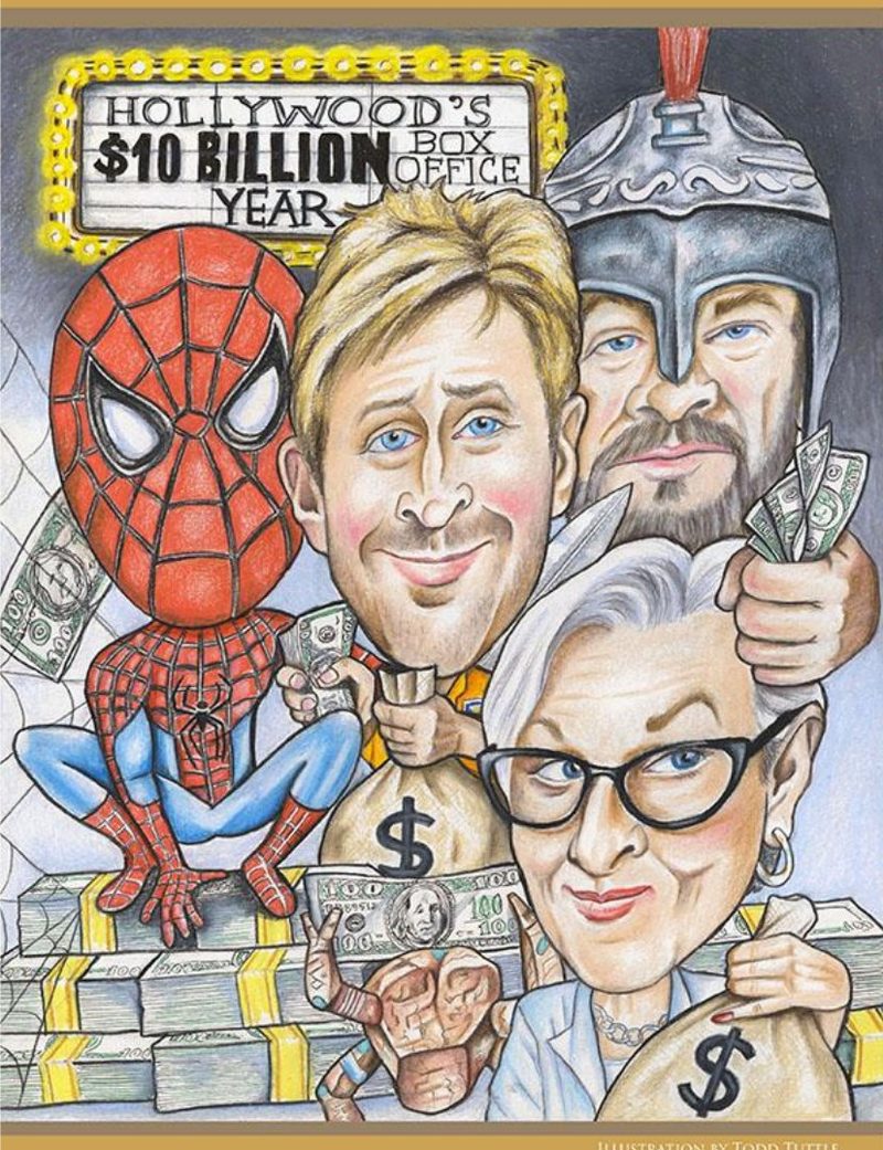 Caricature illustration: Hollywood's $10 Billion Box Office Year, with Spider-Man and film stars among stacks of cash