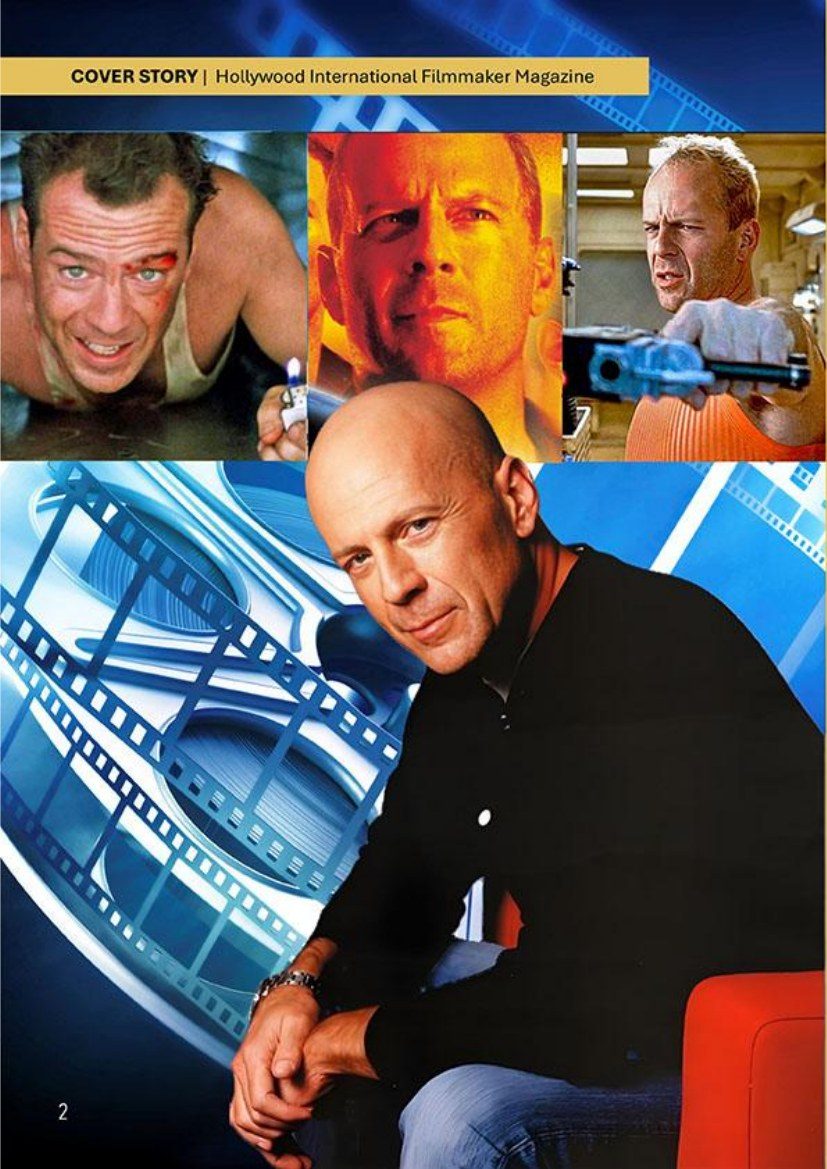 Bruce Willis with film stills from Die Hard, The Fifth Element and more