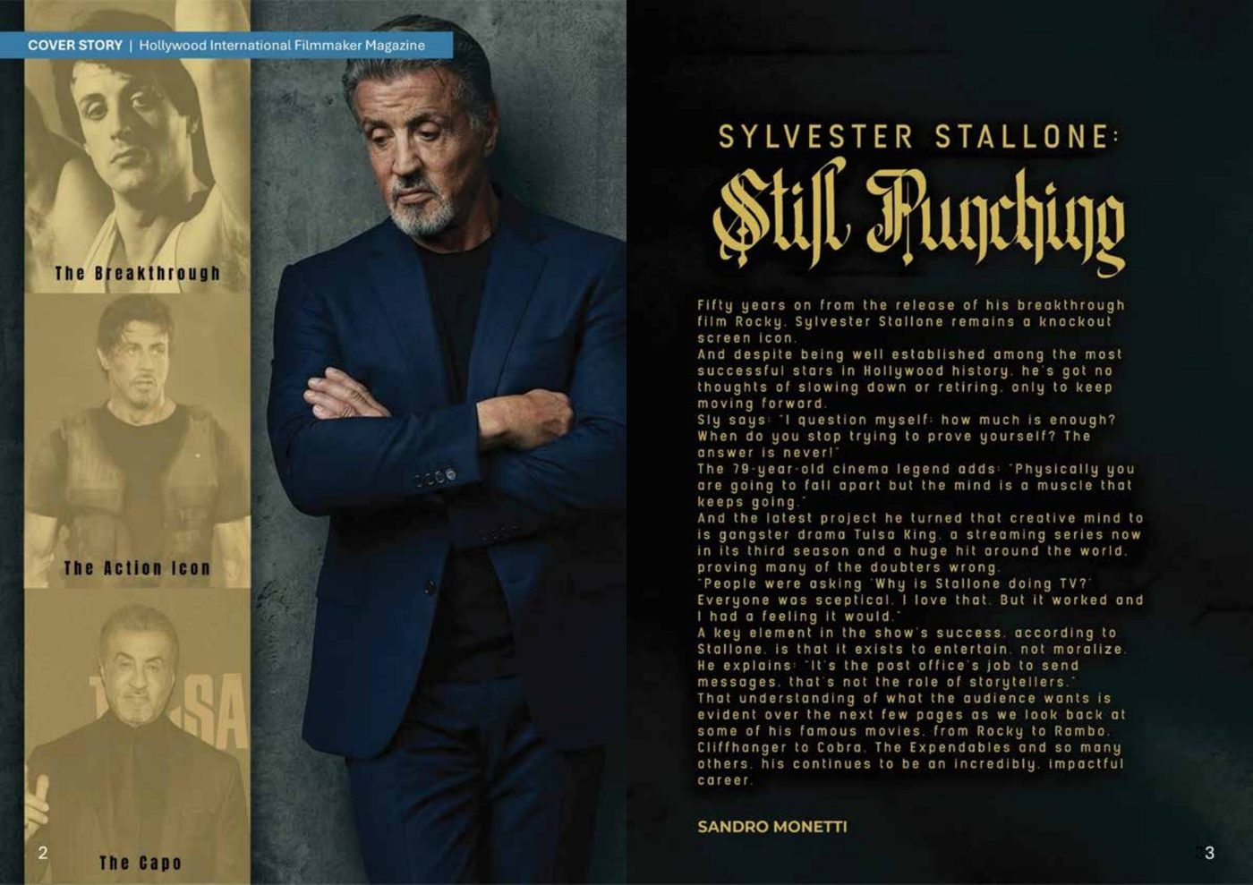 Spread from the printed magazine: Sylvester Stallone cover story opener