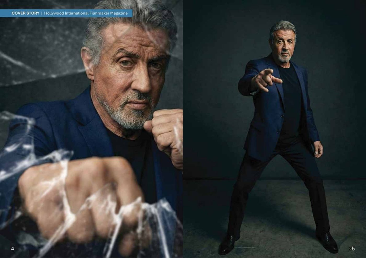 Spread from the printed magazine: two portraits of Sylvester Stallone