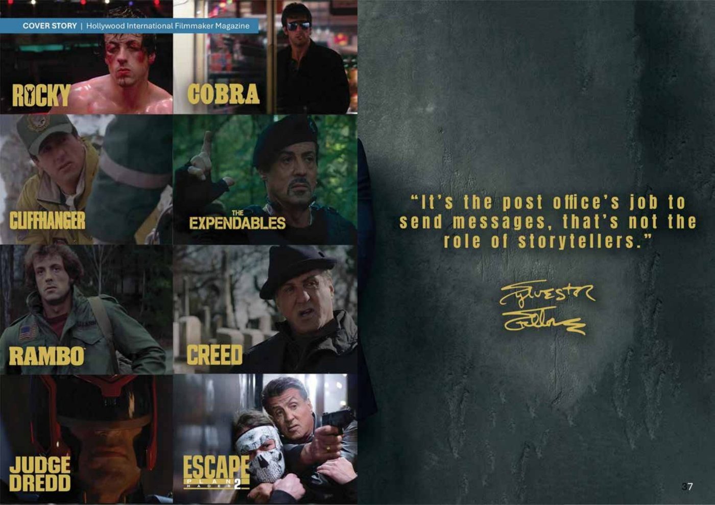 Spread from the printed magazine: film stills from Rocky, Cobra, Rambo and more, with a quote